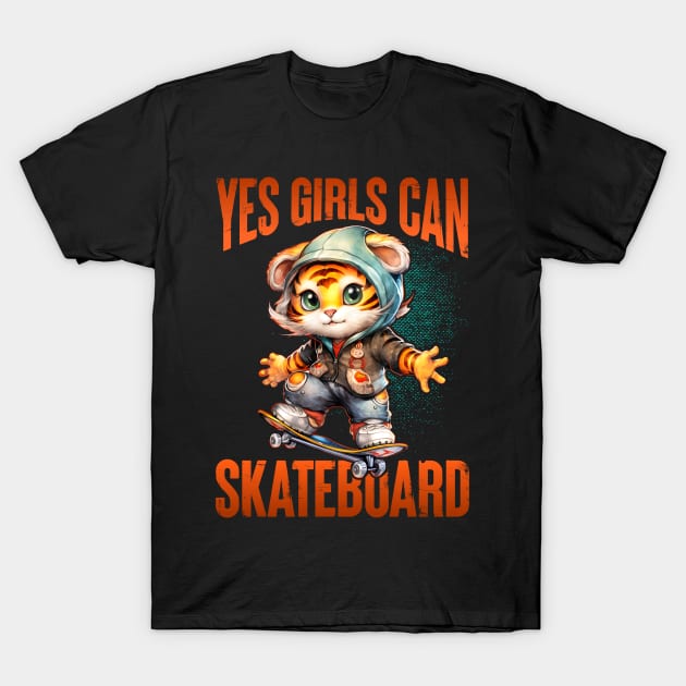 Yes Girls Can Skateboard - Cute Skateboarder Skater Cat T-Shirt by JJDezigns